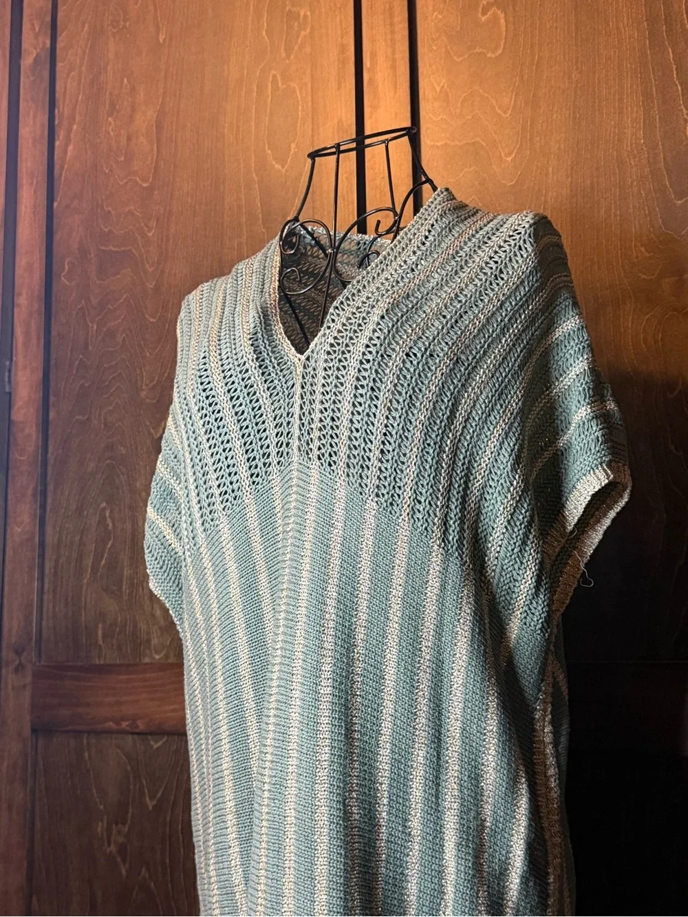Knit V-Neck Stripe Swim Coverup in Sage and Cream